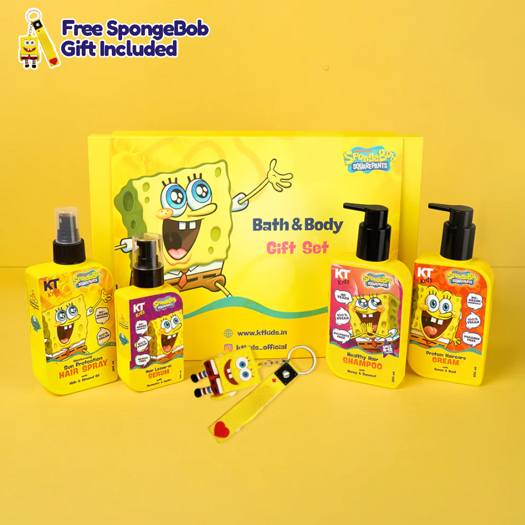Gift Set ~ Hair Care For Girls 8–12 Years | Shampoo + Conditioner / Protein Cream + Hair Serum + Sun-Protection Hair Spray + Yellow Gift Bag + FREE Keychain
